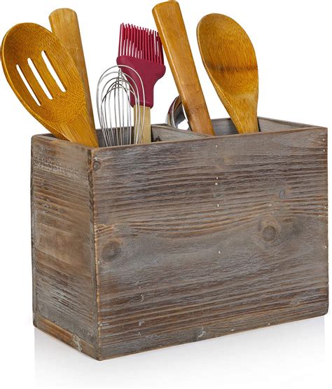 Besti Rustic Kitchen Utensil Holder With 2 Compartments Torched Wood