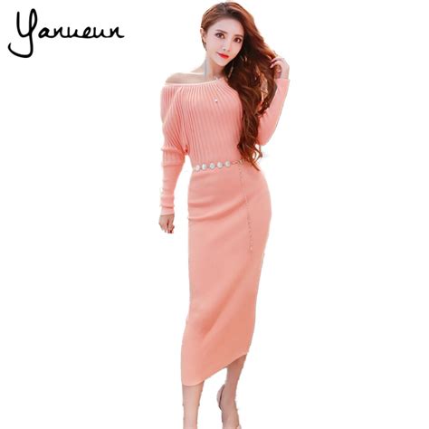 Yanueun Korean Fashion Women Sweater Dress Slim Batwing Bodycon Dresses Elastic Dress Striped