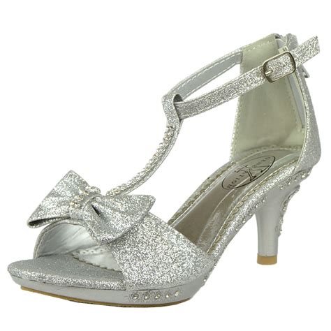 Kids Dress Sandals T Strap Bow Accent Glitter High Heel Shoes Silver