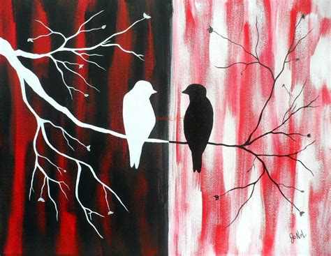 Silhouette Birds Black And Red Acrylic Paint On Canvas Jonel Art