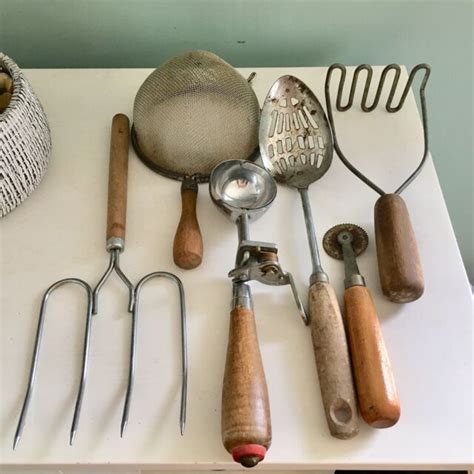 Vintage Lot Of 6 Wood Handle Kitchen Tools Utensils Farmhouse Decor