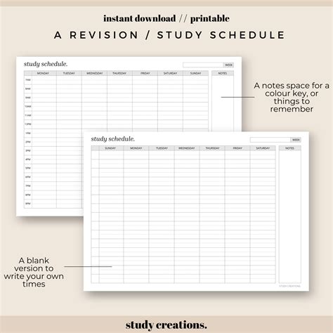 Revision Timetable Printable Set Study Schedule Weekly Timetable Hourly