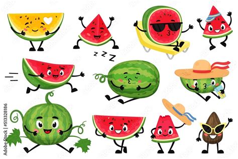 Cartoon Watermelon Characters Funny Juicy Fruit With Cute Faces Hands And Feet Smiling Summer