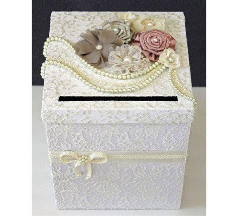 Vintage Wedding Card Box White And Ivory Lace Neutral Flowers Pearls