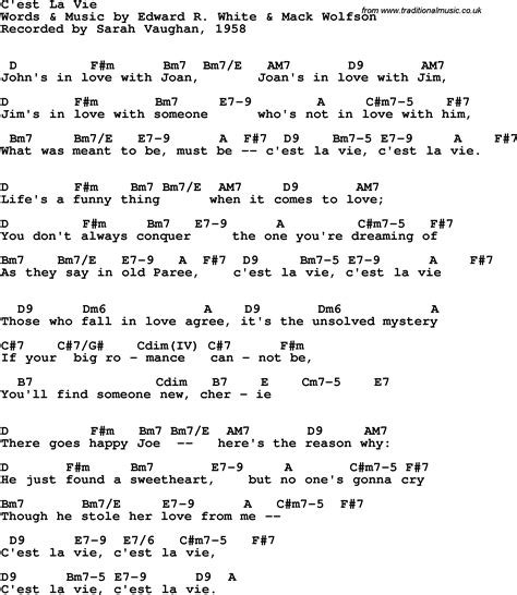 Song Lyrics With Guitar Chords For Cest La Vie Sarah Vaughan 1958