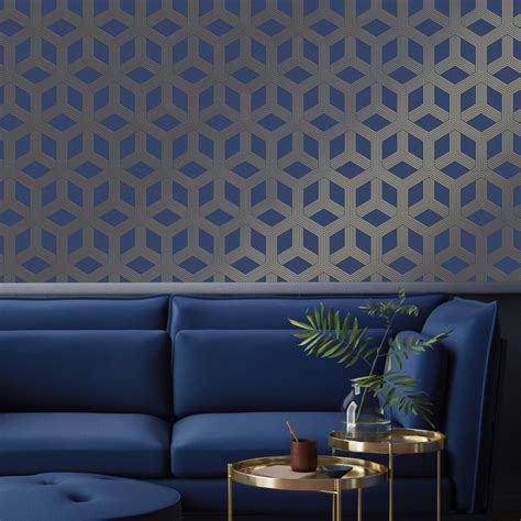 Hexa Geometric Wallpaper Blue Gold Wallpaper From I Love Wallpaper