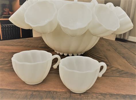 Vintage Hazel Atlas Milk Glass Punch Bowl Set Cups Handle Hooks
