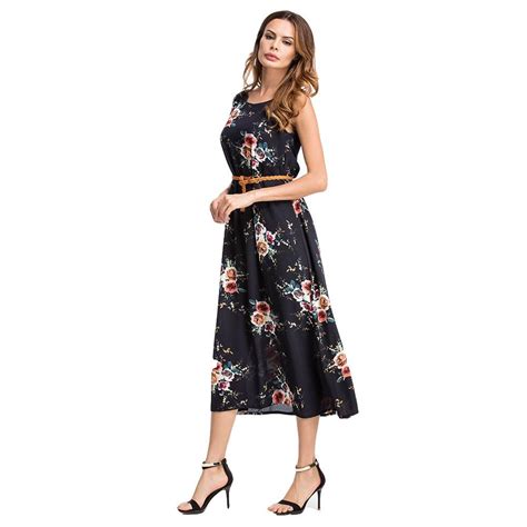 Ginvell Womens Sleeveless Vintage Floral Print Maxi Dress With Belt