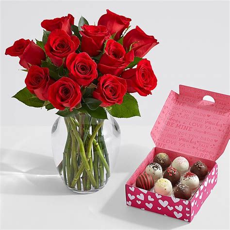 One Dozen Red Roses With 9 Valentines Cake Truffles Dozen Red Roses