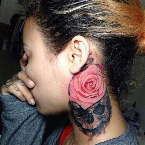 Neck Tattoo With A Skull And Pink Rose Tats I Love Pinterest