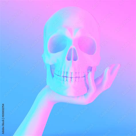 Hand Holding Skull Sculpture Art Creative Neon Gradient Vivid Colors