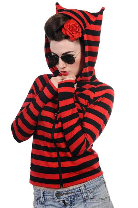 Cat Ears Red And Black Striped Hoodie By Banned Apparel Imaginarium