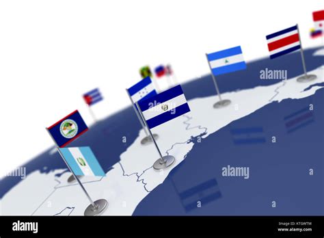 El Salvador Flag Country Flag With Chrome Flagpole On The World Map With Neighbors Countries