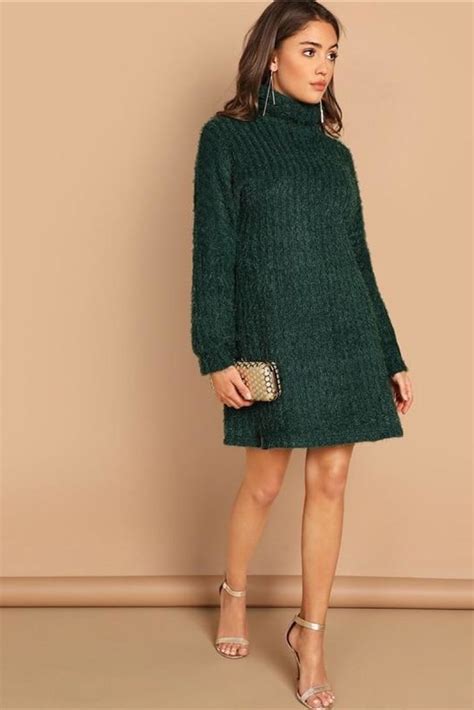 Green Turtleneck Long Sleeve Split Fuzzy Sweater Dress Topmaxy Com