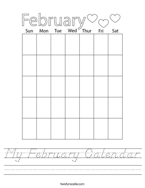 My February Calendar Worksheet Dnealian Twisty Noodle