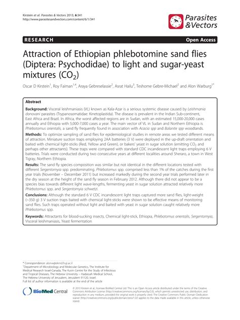 Pdf Attraction Of Ethiopian Phlebotomine Sand Flies Diptera Psychodidae To Light And Sugar