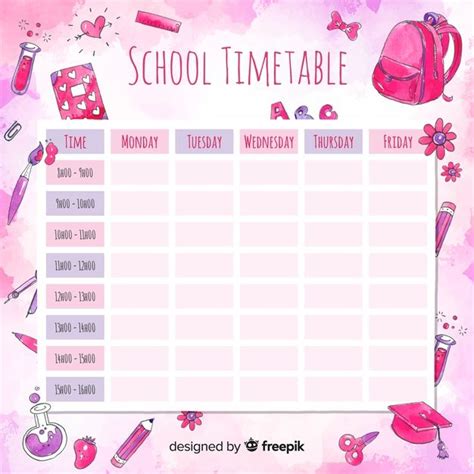 Watercolor School Timetable With Elements School Timetable Study