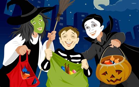 Download Cheerful Children Celebrating Halloween With Trick Or Treat
