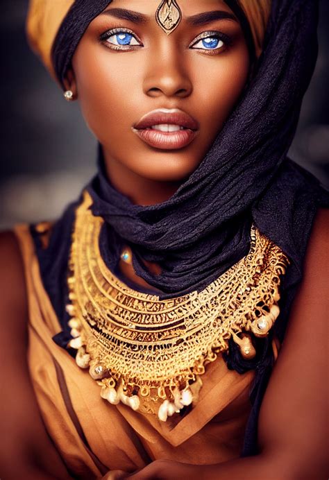 An African Woman With Blue Eyes And Gold Jewelry On Her Head Wearing A