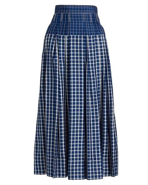 Tory Burch Picnic Plaid Silk Pleated Skirt In Blue White Blue Lyst