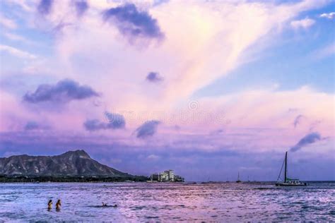 Colorful Pink Sunset Waikiki Beach Swimmers Diamond Head Honolulu