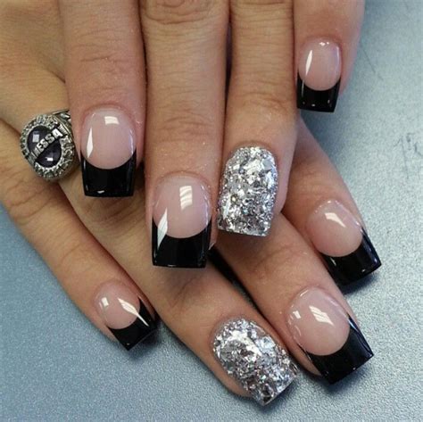 Black French Nail Design With Silver Accent Nails Nails Pinterest