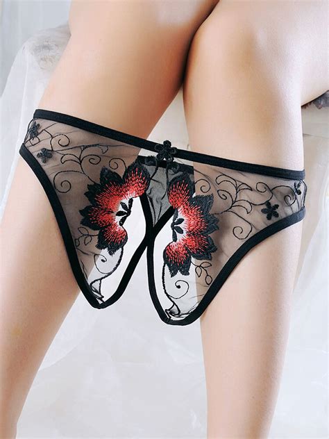 Women Embroidery See Through Open Crotch Panty Sexy Lingerie Blackredwhiteblue Buy At The