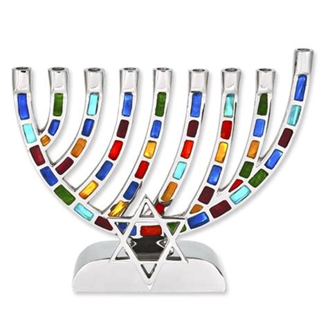 Multi Colored Mosaic Hanukkah Menorah With Star Of David