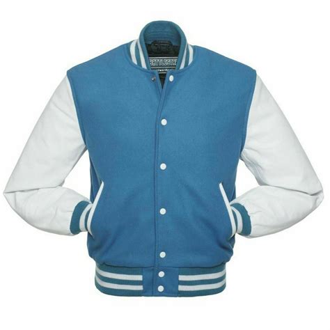 Sky Blue Wool Varsity Jacket White Leather Sleeves Leather Sleeve