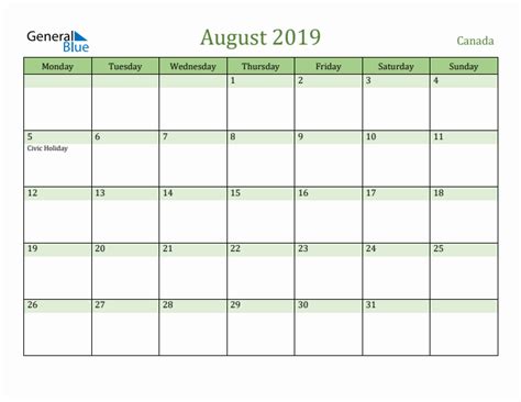August 2019 Canada Monthly Calendar With Holidays