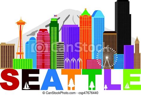 Seattle City Skyline And Text Colors Illustration Seattle Washington