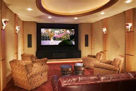 If you're ready to start putting your home theater room together, one element that has to be right is the paint color you choose for the walls and or ceiling. Splashy recliner couch in Family Room Traditional with ...