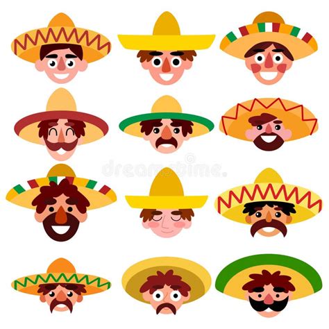 Happy Cartoon Mexican Men Set White Isolated Vector Illustration Stock