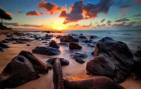 Hd Wallpaper Beautiful Landscape Ocean Beach Stones Sunrise