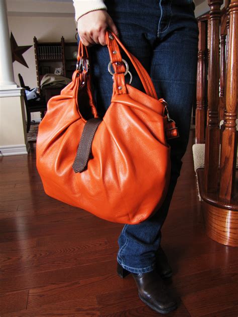 Large Orange Leather Bag Pleated Purse Boston Bag Convertible