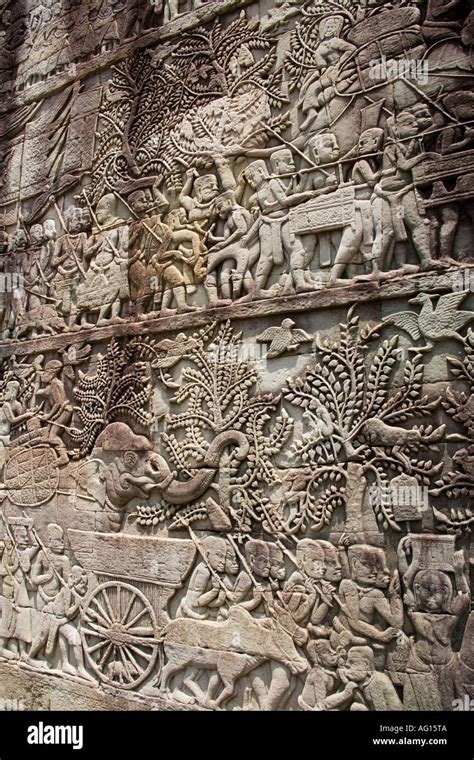 Wall Carvings In The Bayon Temple Near Angkor Wat In Cambodia In South