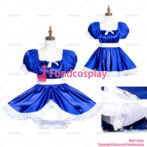 fondcosplay adult sexy cross dressing sissy maid short blue satin dress lockable uniform