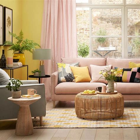 Sunshine Yellow Living Room With Blush Pink Sofa And Curtains