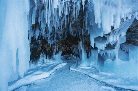 Winter Frozen Ice Cave At Frozen Lake Baikal In Siberia Russia Stock