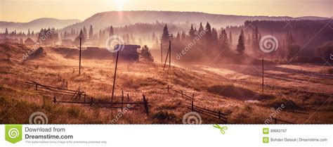 Morning Sun Rays In The Fog Mountains House Stock Image Image Of Mist