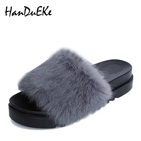 Woman Fur Flip Flops Platform Open Toe High Heels Slippers With Fur