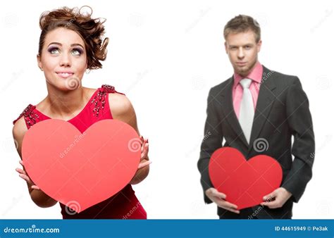 Young Cheerful Woman And Handsome Man Holding Red Heart On White Stock Image Image Of Adult