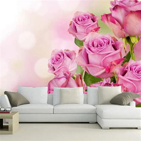 Custom 3d Muralsbeautiful Pink Color Roses Flowers Wallpapers Living