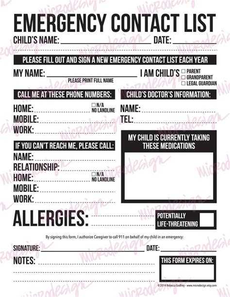 Emergency Contact Form For Nanny Babysitter Or Daycare Etsy