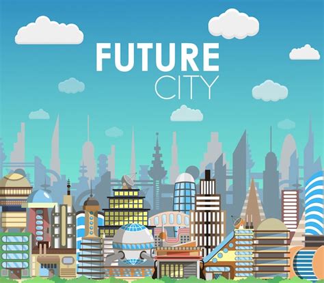 City Of Future Cartoon Banner Futuristic Architecture Skyscrapers