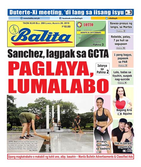 Balita August 26 2019 Newspaper Get Your Digital Subscription