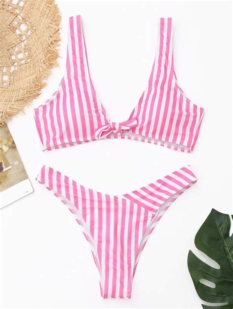 Pink Striped Perfect Knot Bikini 💖 Shopdevi Striped Bikini Swimwear