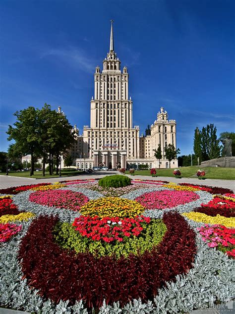 Poland, slovakia and hungary to the west; Colorful flowers in front of hotel Ukraina (Ukraine ...