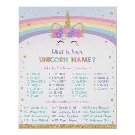 Cute Rainbow What Is Your Unicorn Name Game Sign Zazzle Unicorn Names Unicorn Themed