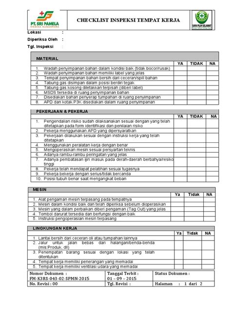 Fm K3rs 043 02 Spmn 2015 Form Checklist Inspeksi K3 Pdf